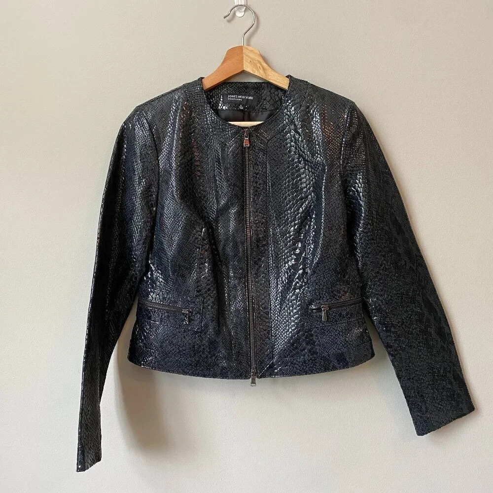 NWOT Jones New York Women's Size Small 100% Leather Glossy Full Zip Black Jacket